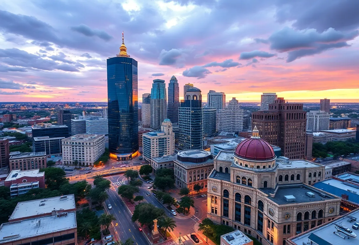 Cityscape of San Antonio with a focus on technology and innovation related to artificial intelligence.