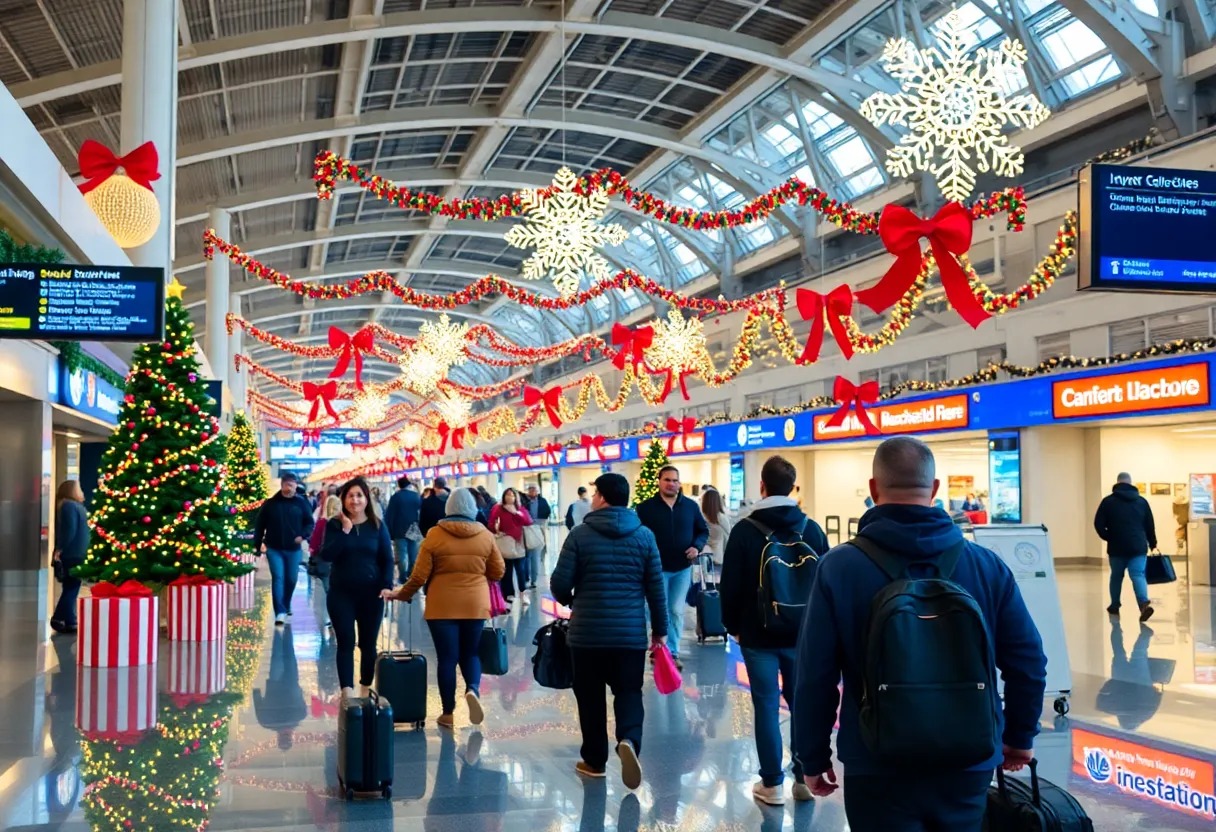 Festively decorated San Antonio International Airport during the holiday season
