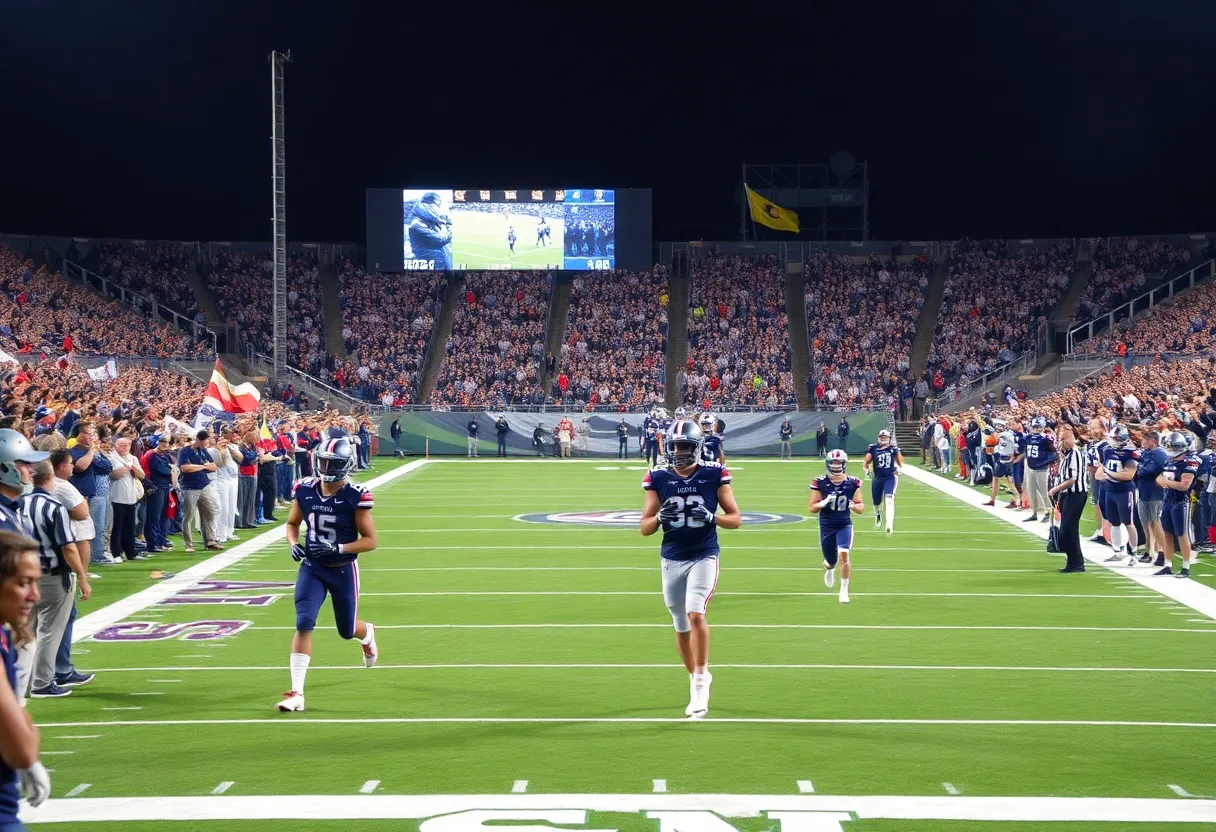 College football game featuring SMU Mustangs with fans and players in action