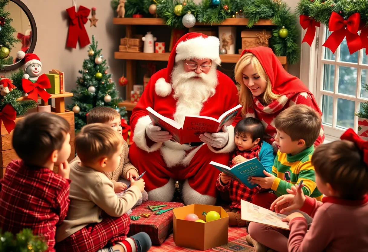 Families enjoying Storytime with Santa and Mrs. Claus.