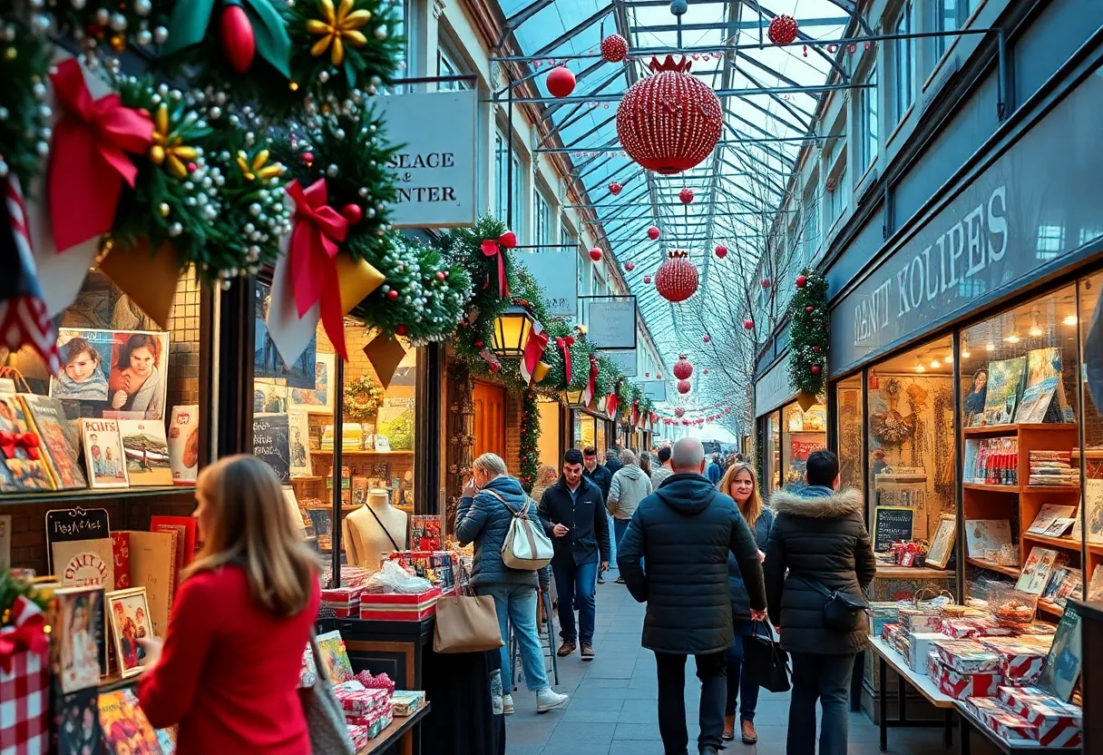 Local marketplace during Small Business Saturday with shoppers enjoying unique products