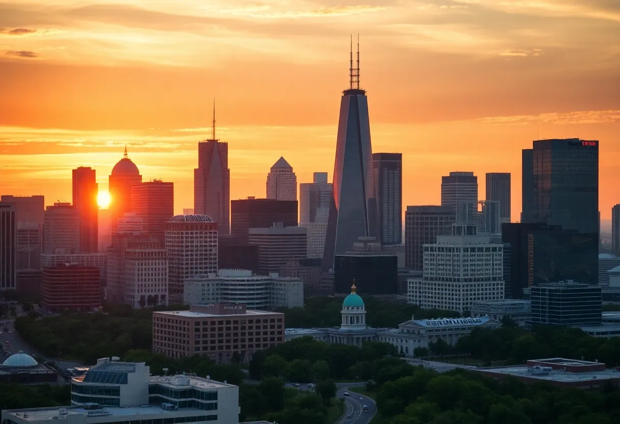 Sunset view of Dallas city skyline showcasing financial institutions