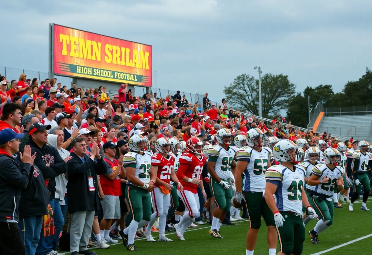 Exciting scene from a Texas high school football game showing players and enthusiastic fans.