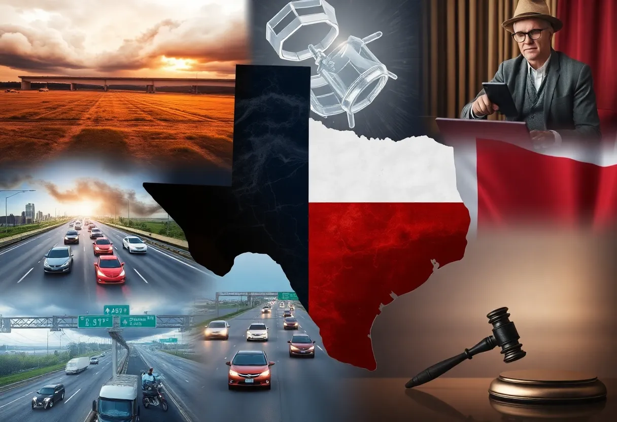 Visual representation of insurance factors in Texas, including weather impact, vehicle traffic, and legal costs.