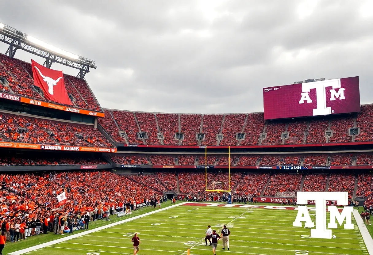 College football fans in Austin cheering for Texas Longhorns and Texas A&M