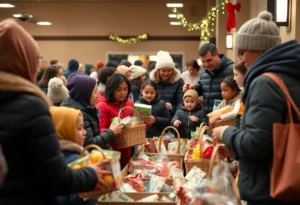 Families receiving Thanksgiving baskets at the Thanksgiving Blessings event in Dallas.