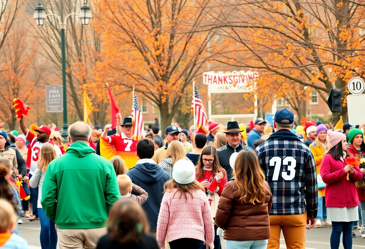 Festive Thanksgiving celebrations with parades, football games, and family gatherings.