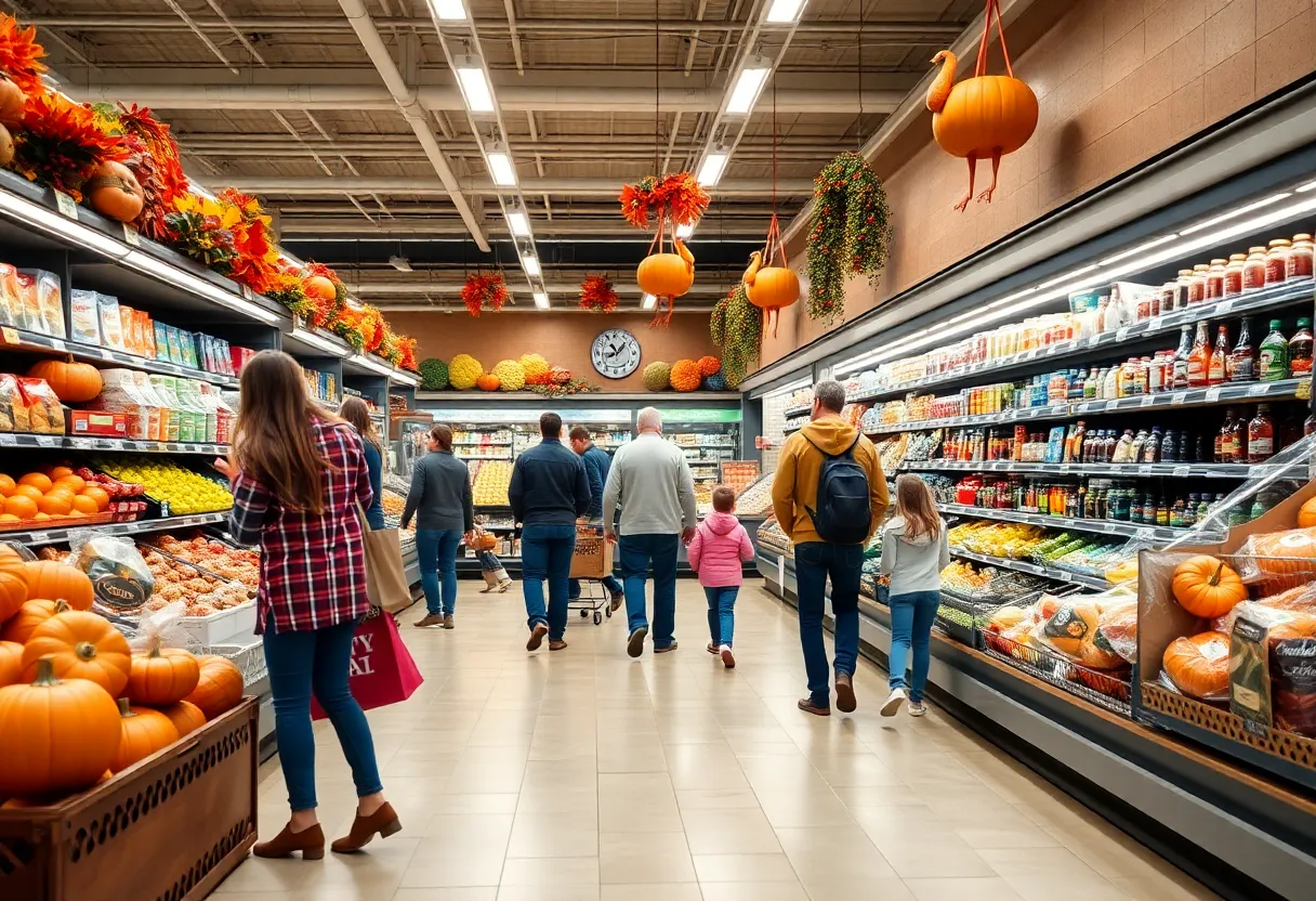 Families shopping at a grocery store during Thanksgiving