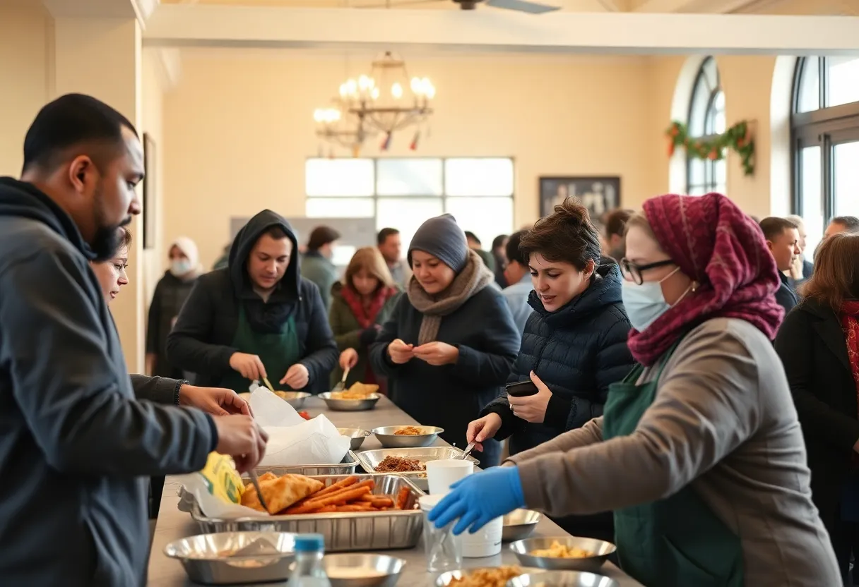 Volunteers serving Thanksgiving meals to homeless individuals in Dallas.