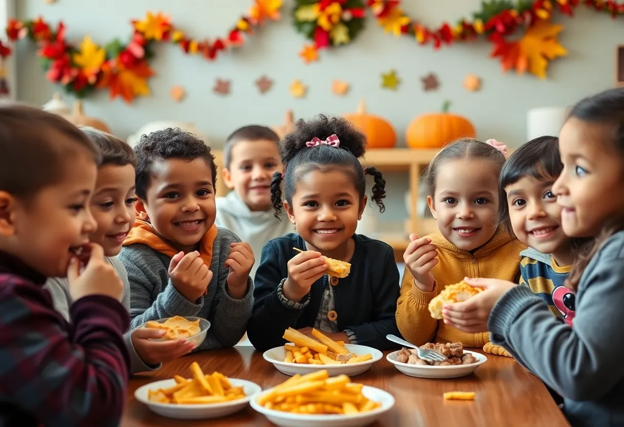 Children enjoying Thanksgiving meals organized by Dallas ISD