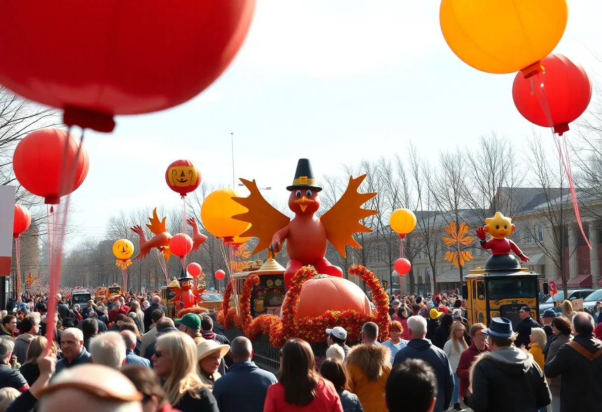 A lively Thanksgiving parade with colorful floats and balloons