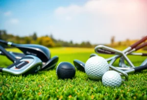 Titleist golf clubs and balls displayed on a lush golf course