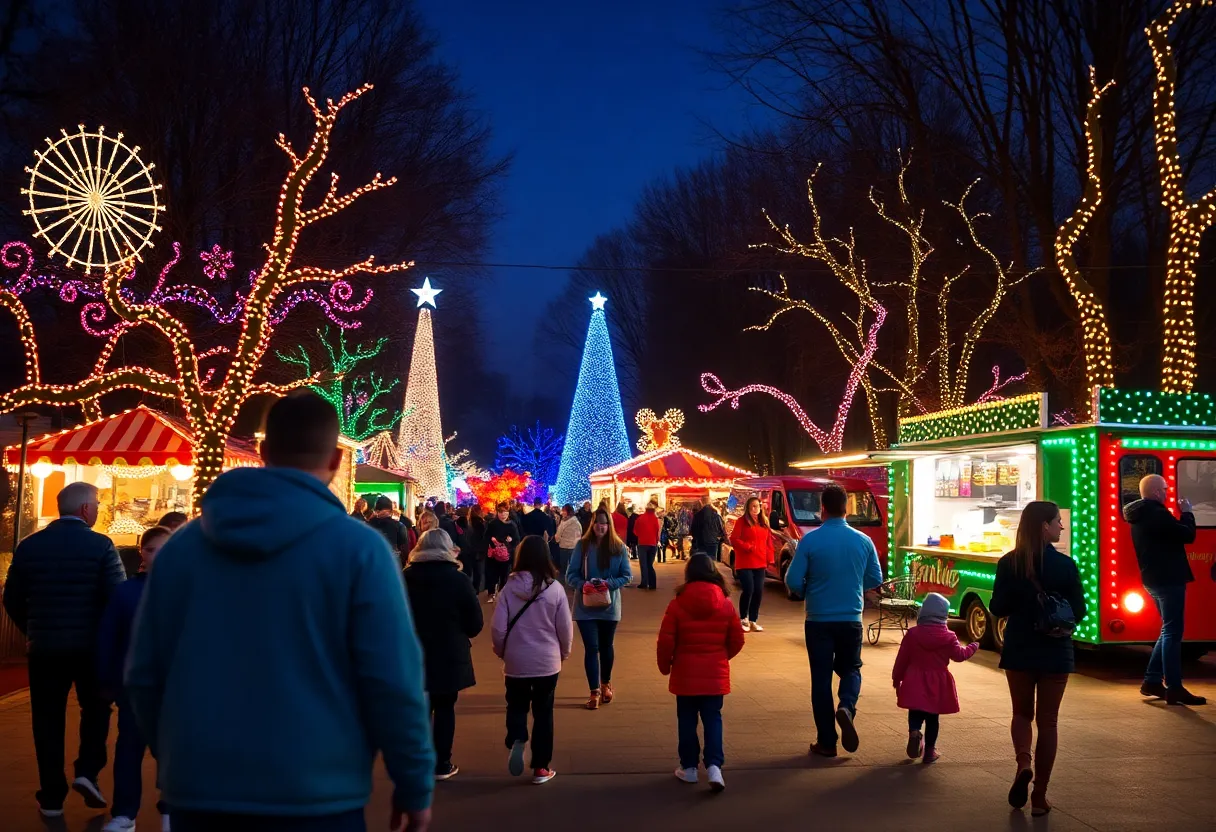 Families enjoying the Vitruvian Lights event with colorful holiday lights in the background.