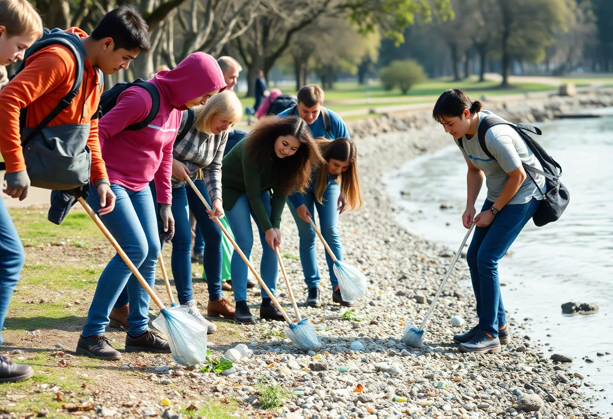 Volunteers collecting nurdles from the shoreline