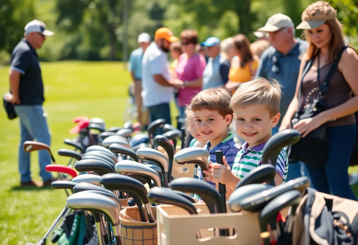 Young golfers donating equipment at a golf club