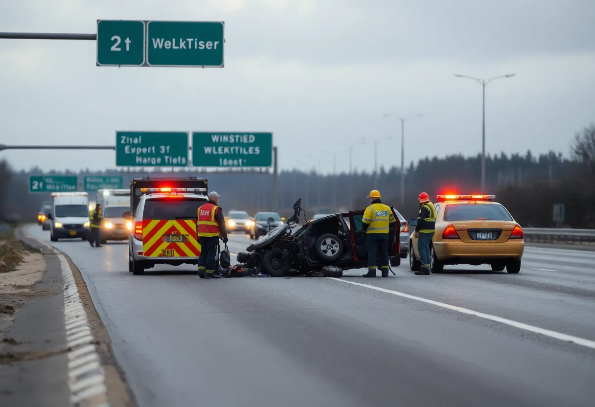 Emergency responders attending to a two-vehicle accident on U.S. Highway 287