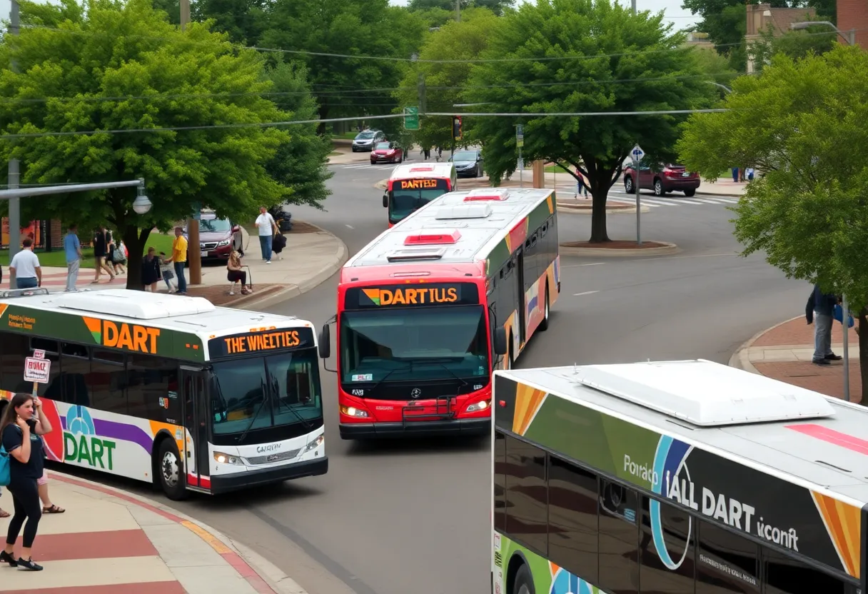 Public transportation scene in Addison Texas, featuring DART buses