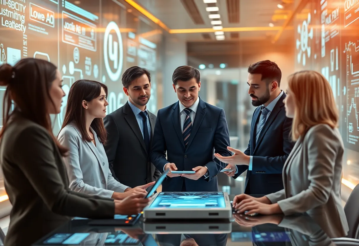 Professionals collaborating in a tech-driven business setting.