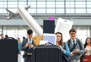 Airline travel scene with passengers in a terminal
