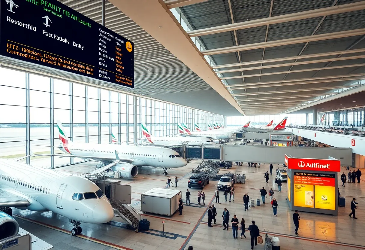 American Airlines airplanes at Chicago O'Hare airport with travelers around