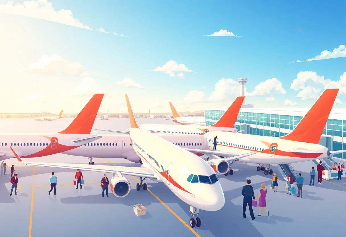 Illustration of airplanes at an airport terminal representing American Airlines expansion.