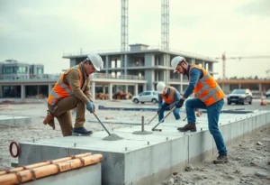 Construction workers at a site performing concrete modification