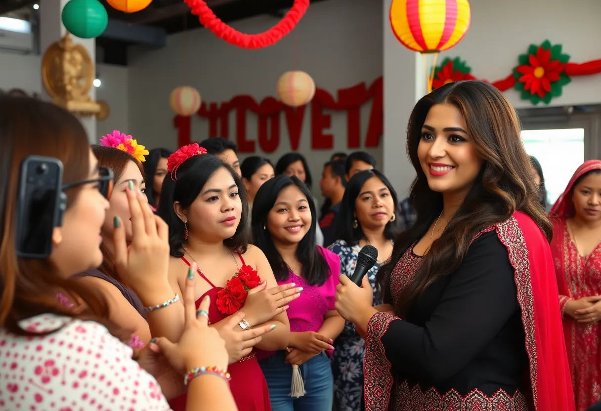 Promotional event for Doménica Montero featuring fans and decorations at the Latino Cultural Center