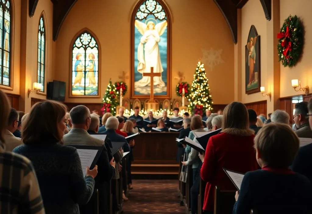Choral ensemble performing at a festive concert in a church.