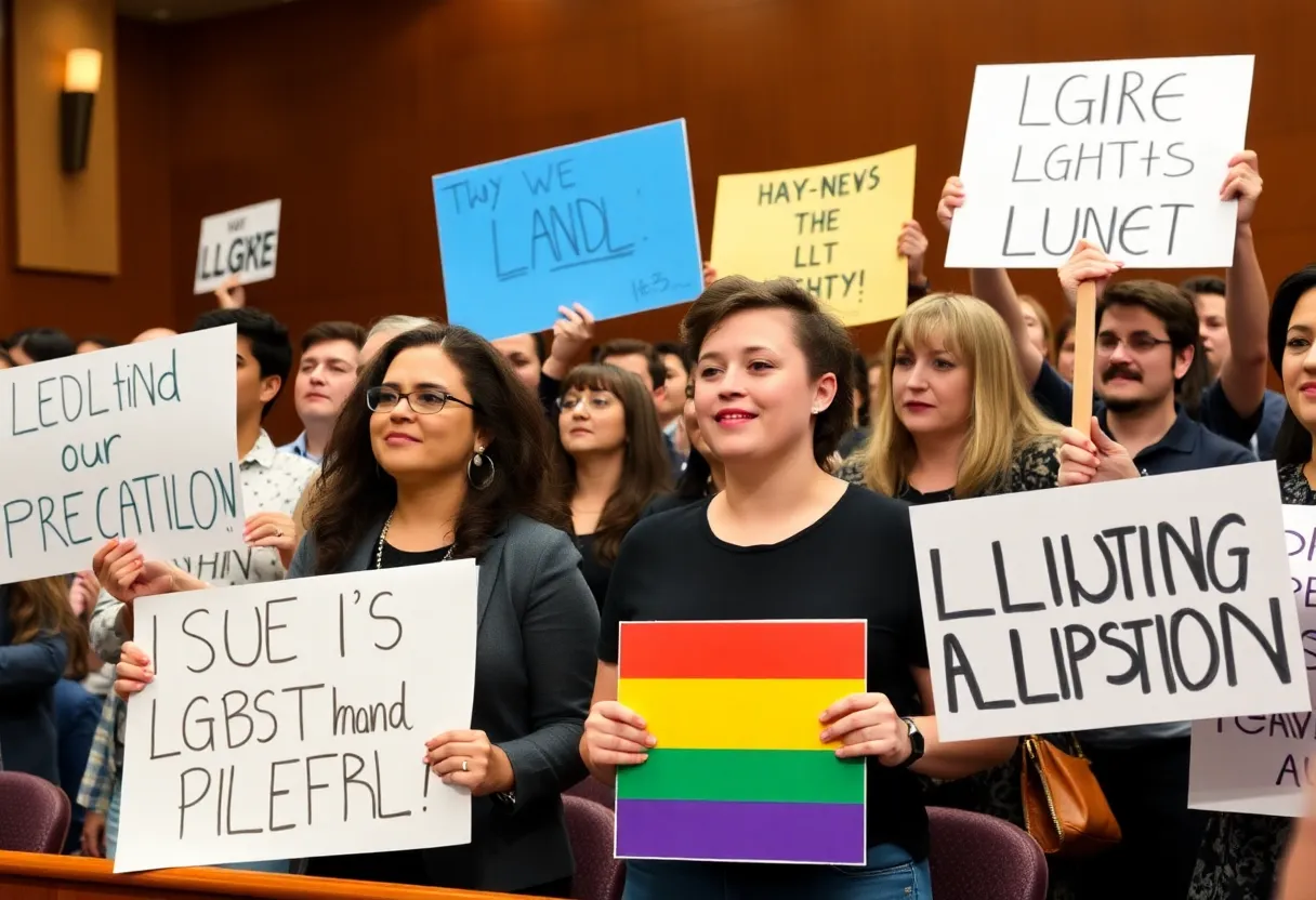 Diverse protestors supporting LGBTQ+ rights at a city council meeting