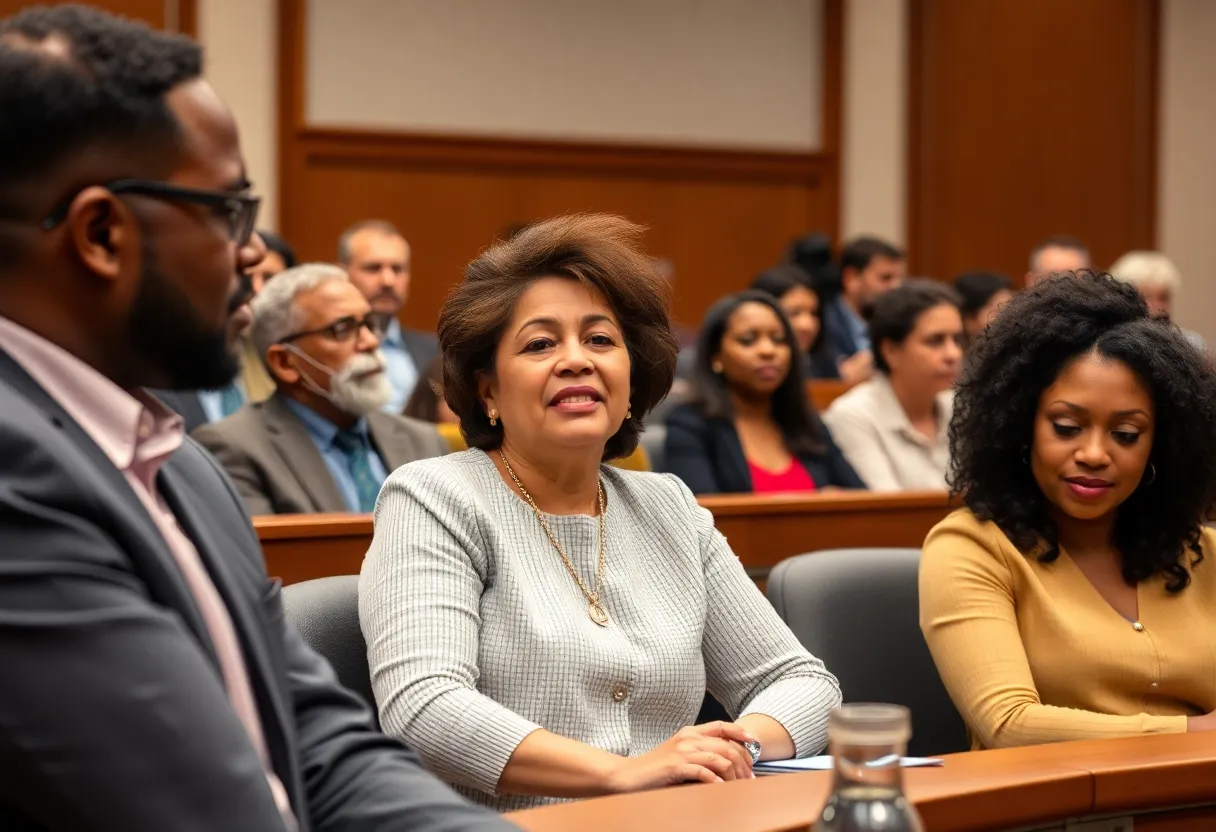 Arlington City Council meeting with residents speaking against a backdrop of city flags.