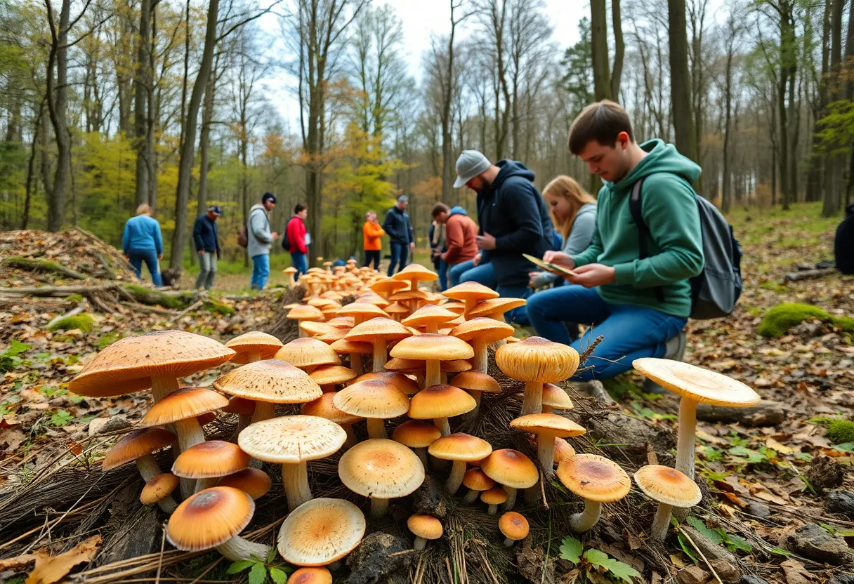Participants foraging for mushrooms in River Legacy Parks, Arlington.