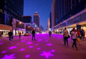 Purple street decals promoting Astra Lumina event in downtown Dallas