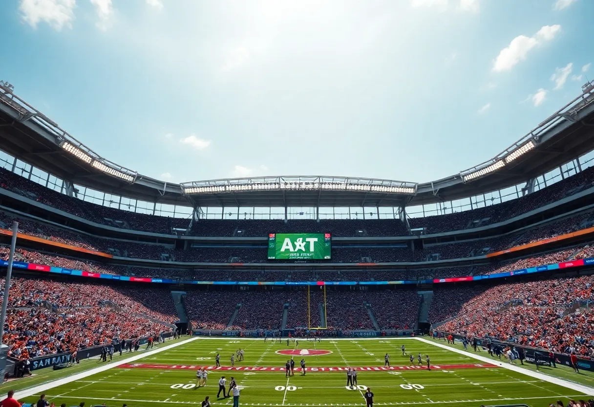Panoramic view of AT&T Stadium during a football match