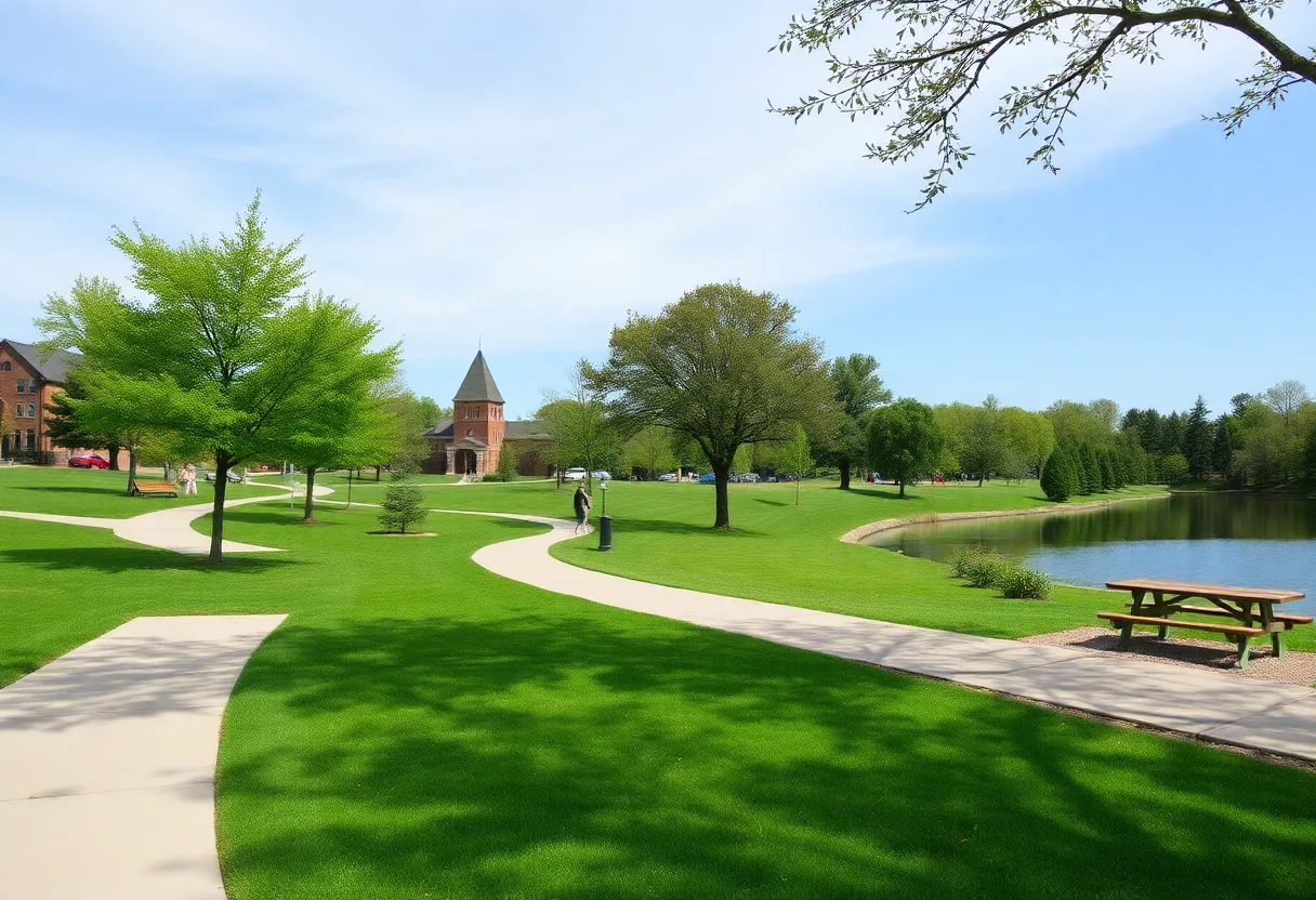 Public park with lake, walking trails, and green space
