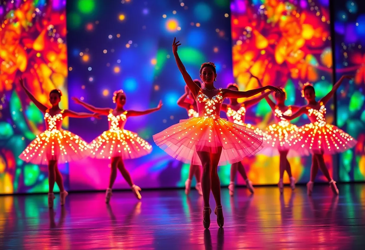Dancers in fiber optic-lit costumes performing in a ballet.