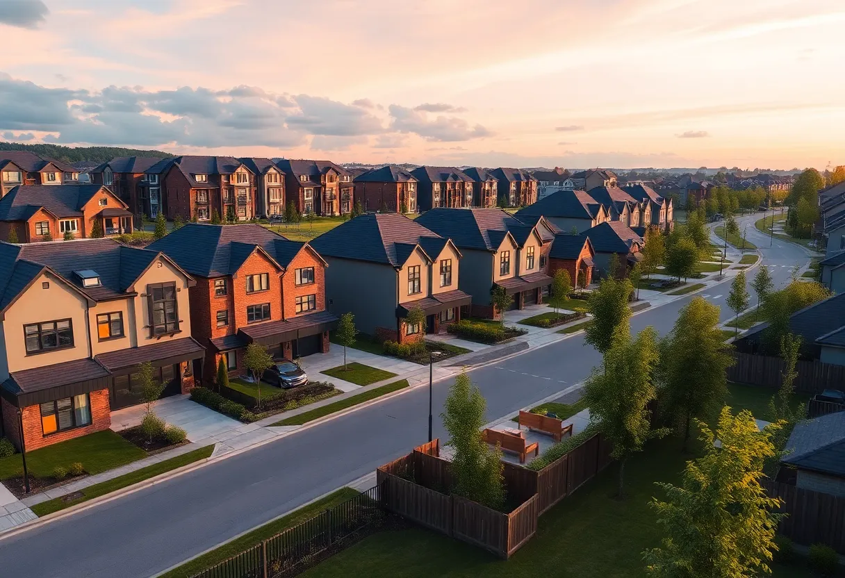 Architectural representation of a residential development with diverse housing types