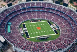 A packed college sports stadium with fans celebrating during a game.