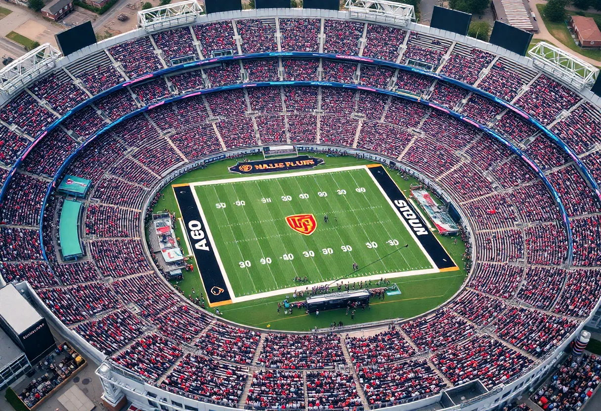 A packed college sports stadium with fans celebrating during a game.