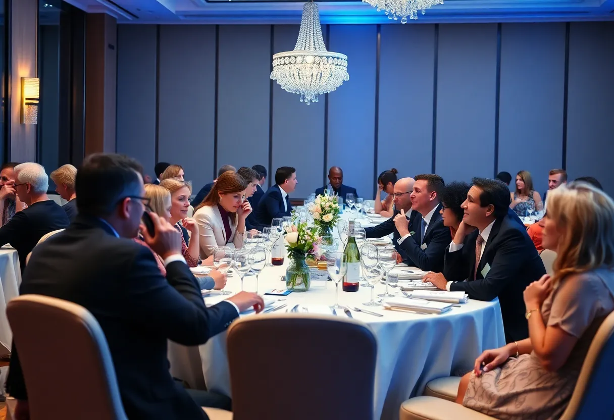Attendees networking at the BioNTX Rising Stars dinner event in Plano, Texas.