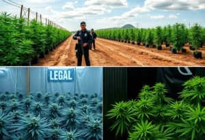 Imagery depicting illegal marijuana cultivation versus legal, regulated marijuana growth.
