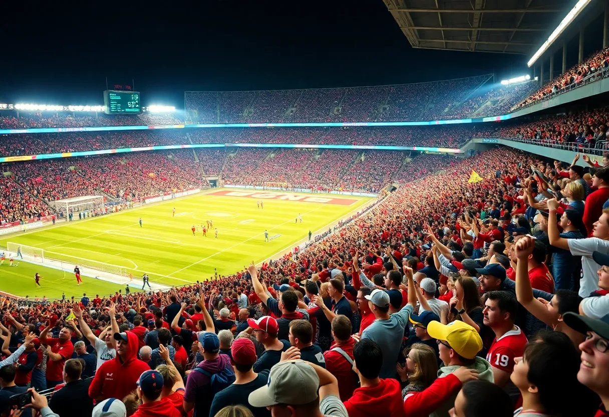 Fans at a football stadium supporting the Tampa Bay Buccaneers during a playoff game.