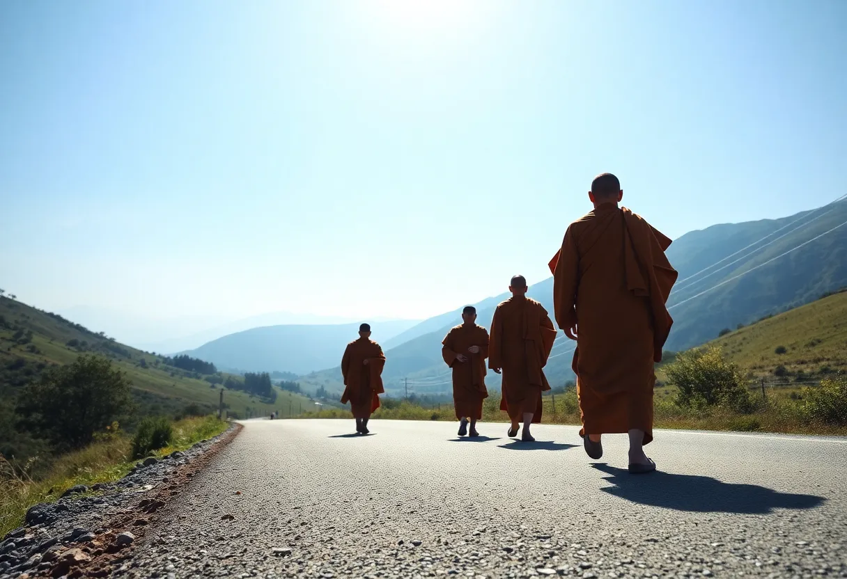 Monks walking along a peaceful roadway promoting kindness.