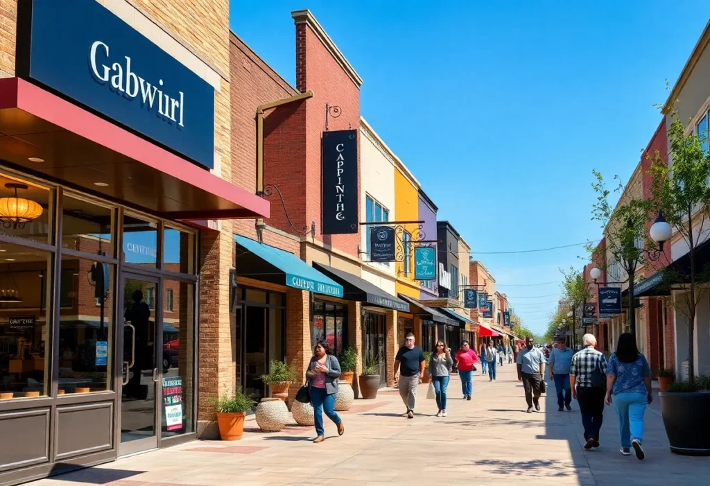 A busy shopping street in Grapevine featuring new coffee shops and boutiques.