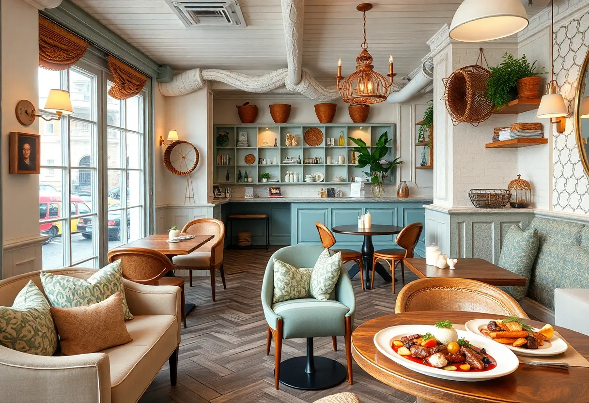 Interior of Café Olivia in Plano with coastal decor and gourmet offerings.