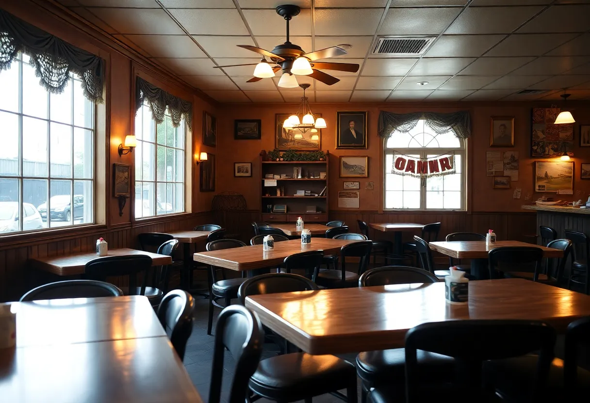 Interior of a closed Cajun restaurant with empty tables and nostalgic decor