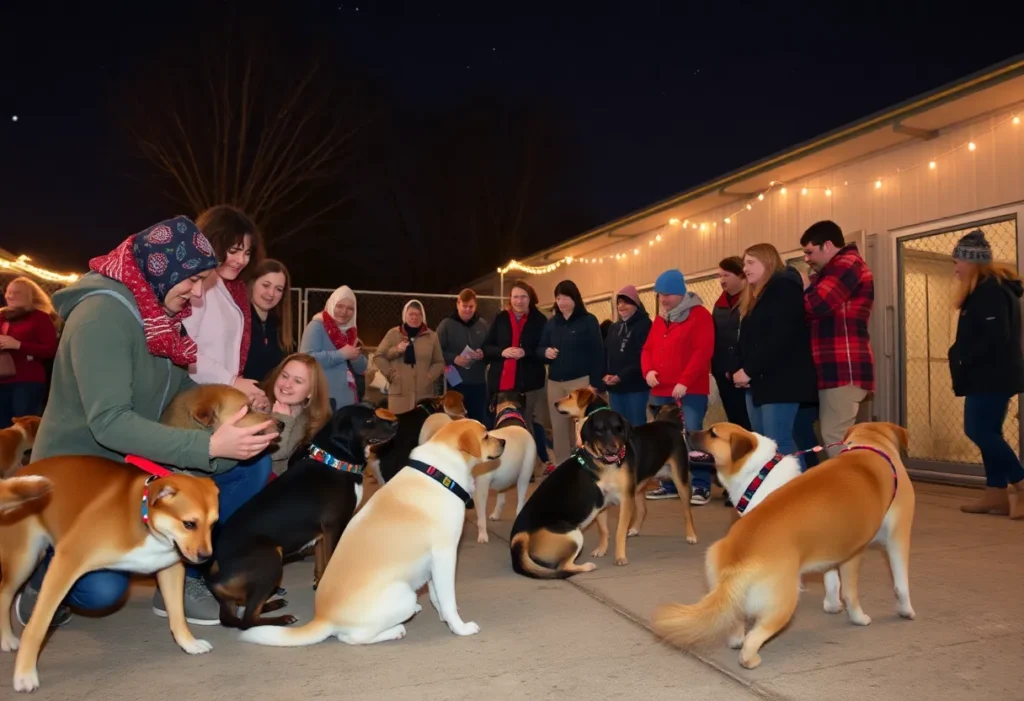 Community members comforting shelter dogs during the Calming the Canines event in Dallas