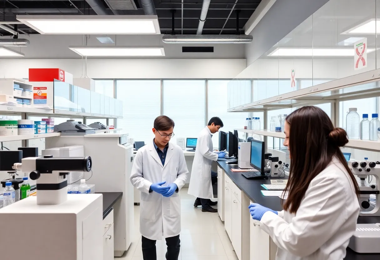 Scientists working in a cancer research laboratory