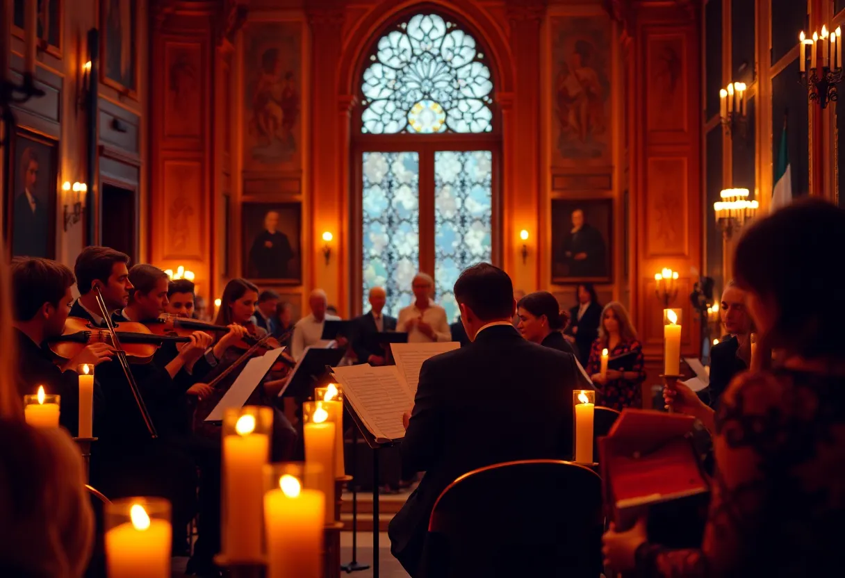 Candlelight concert with string musicians performing in an elegant setting
