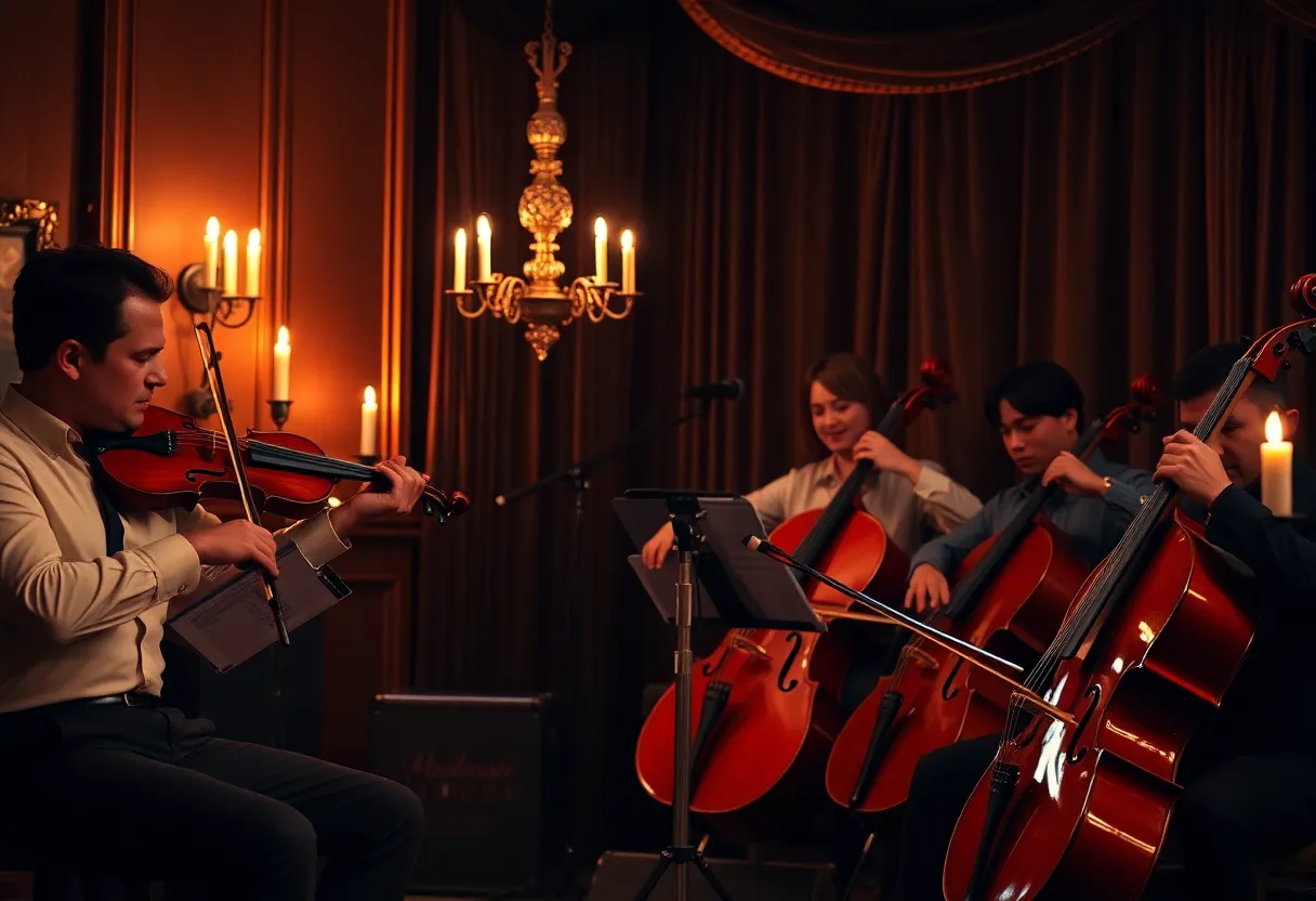 String quartet performing hip-hop music under candlelight