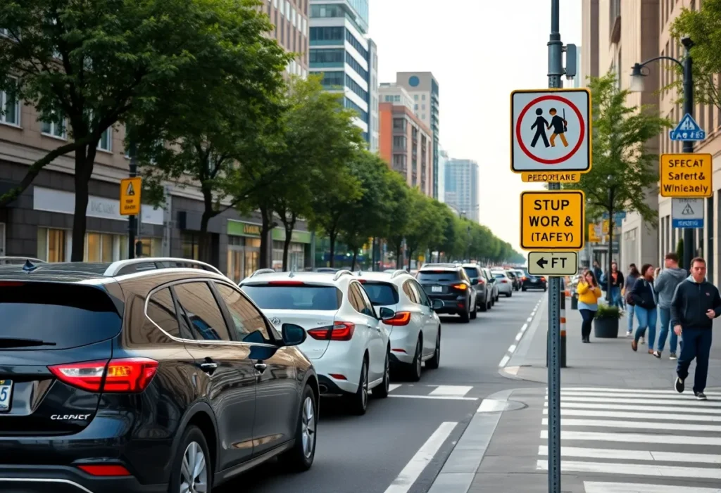 Scene of a pedestrian area focusing on safety measures